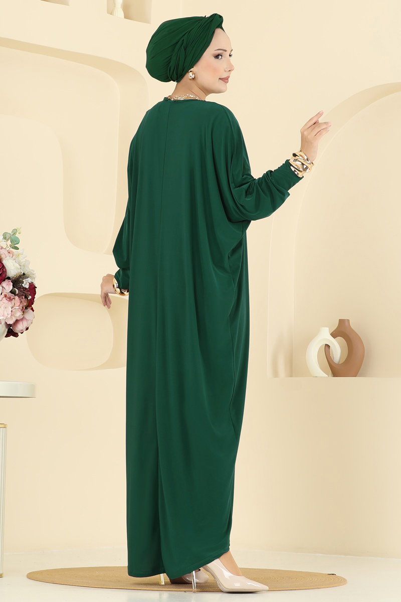 Batwing-Sleeve Sandy Crepe Dress - Light Emerald