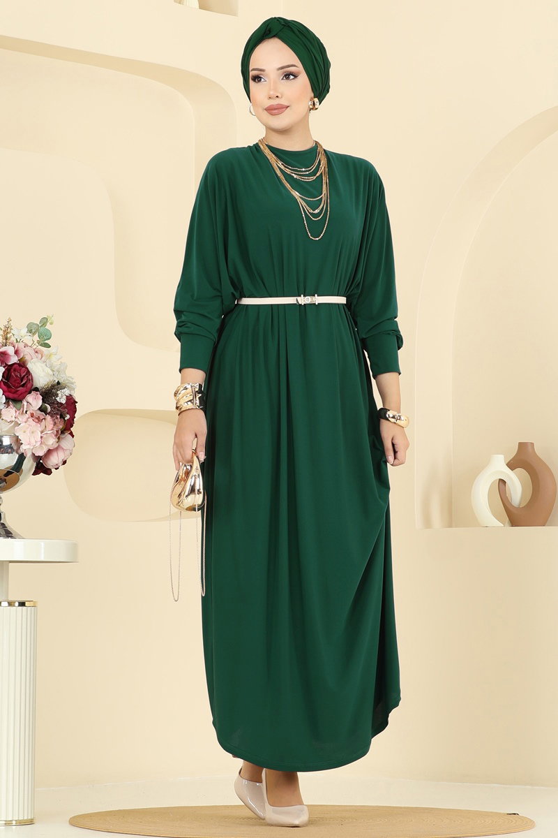 Batwing-Sleeve Sandy Crepe Dress - Light Emerald
