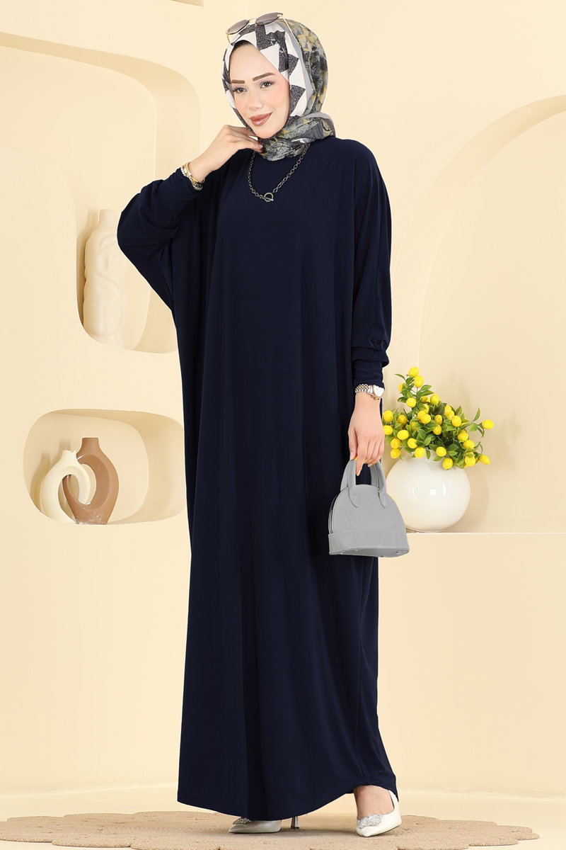Batwing-Sleeve Sandy Crepe Dress - Dark Navy