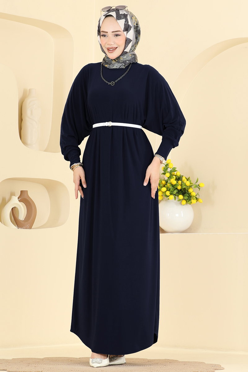 Batwing-Sleeve Sandy Crepe Dress - Dark Navy