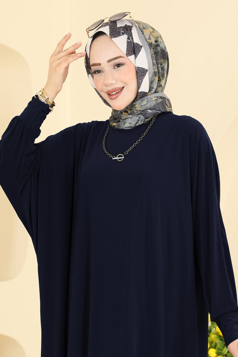 Batwing-Sleeve Sandy Crepe Dress - Dark Navy
