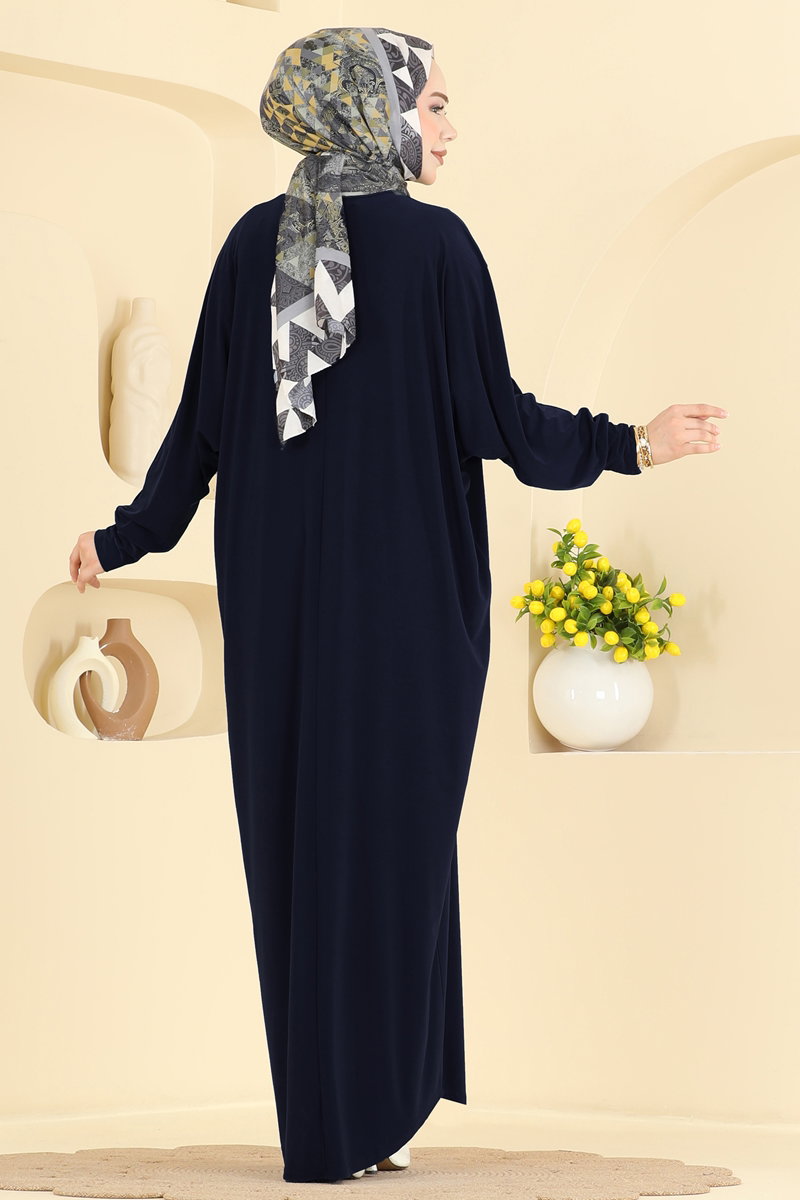 Batwing-Sleeve Sandy Crepe Dress - Dark Navy