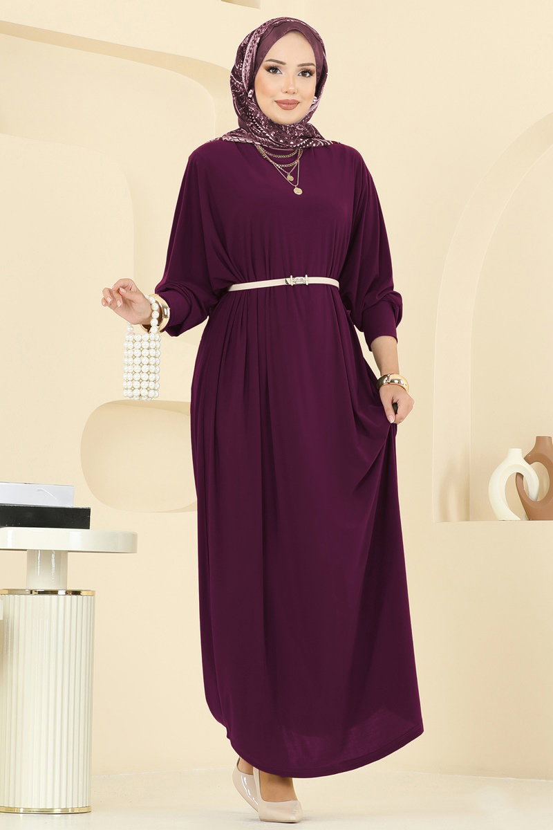 Batwing-Sleeve Sandy Crepe Dress - Plum