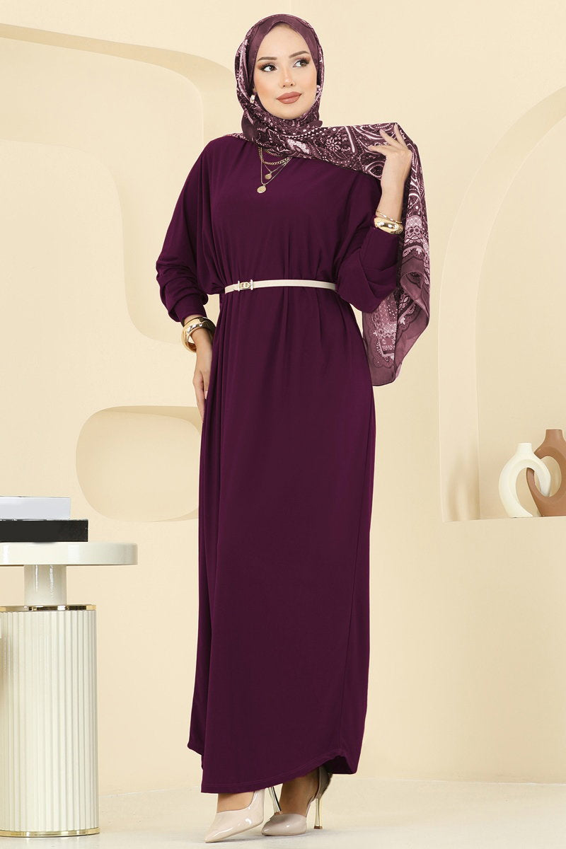 Batwing-Sleeve Sandy Crepe Dress - Plum