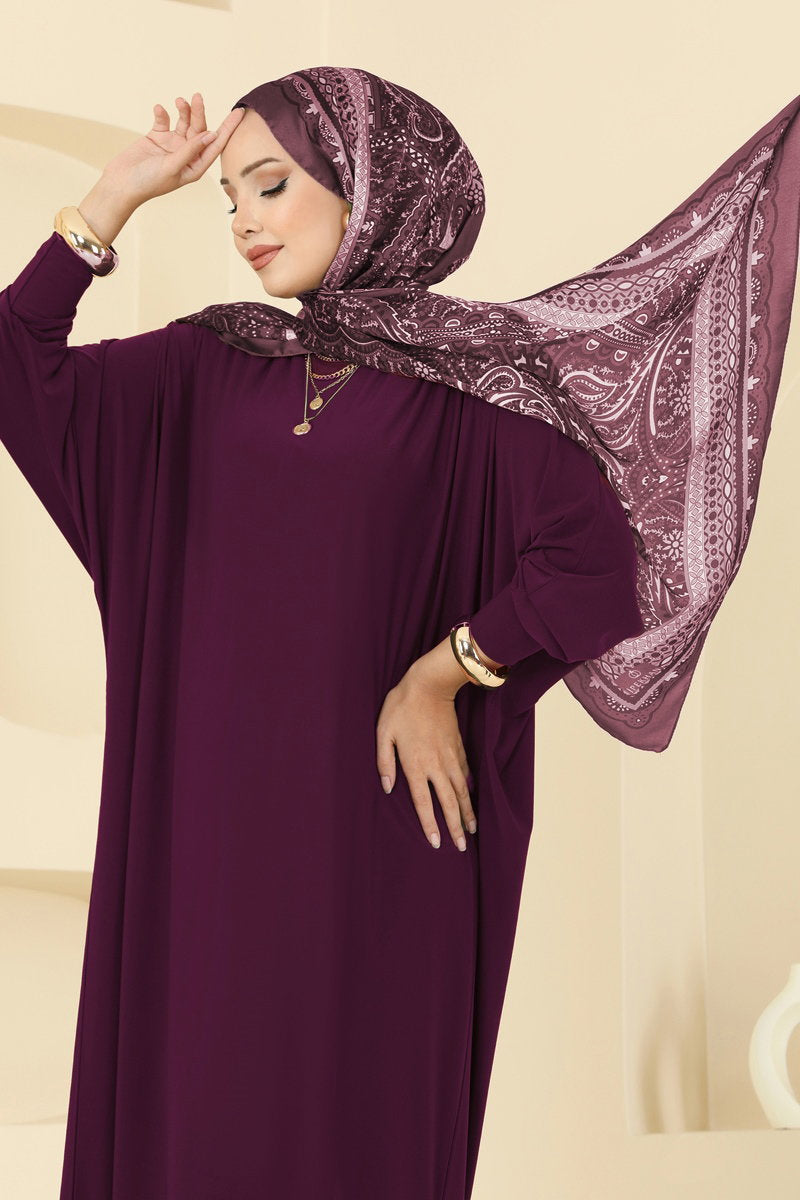 Batwing-Sleeve Sandy Crepe Dress - Plum