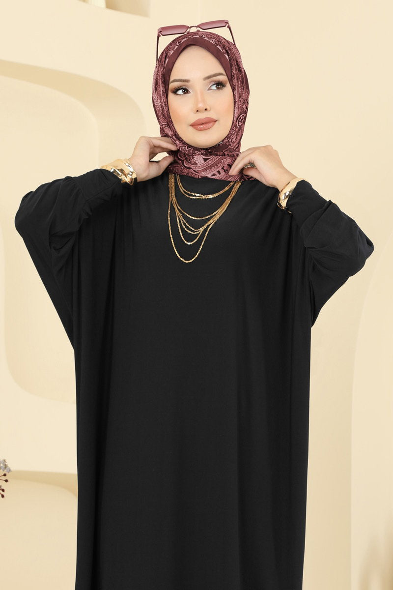 Batwing-Sleeve Sandy Crepe Dress - Black