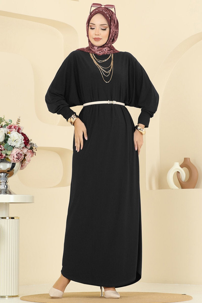 Batwing-Sleeve Sandy Crepe Dress - Black