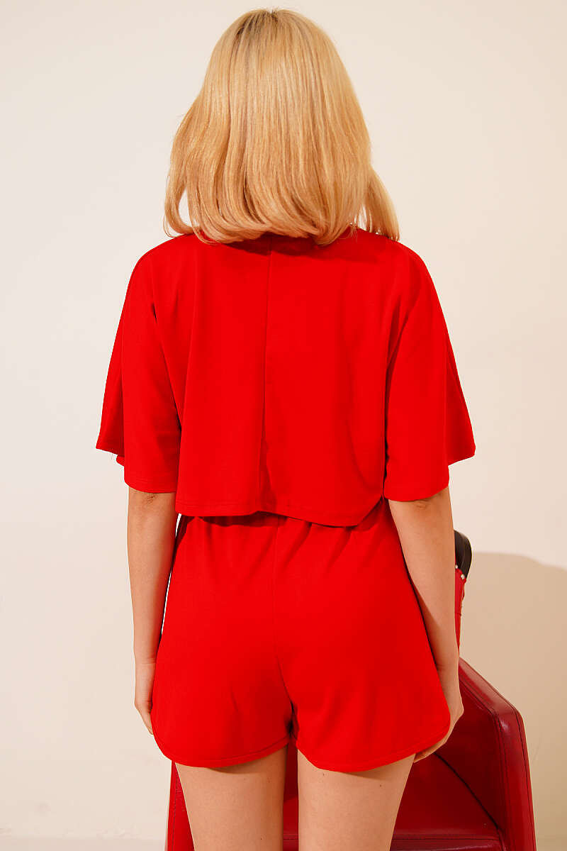 Batwing Crop Top and Shorts Set - Red