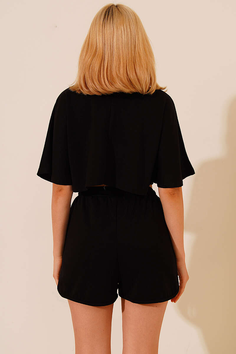 Batwing Crop Top and Shorts Set - Black