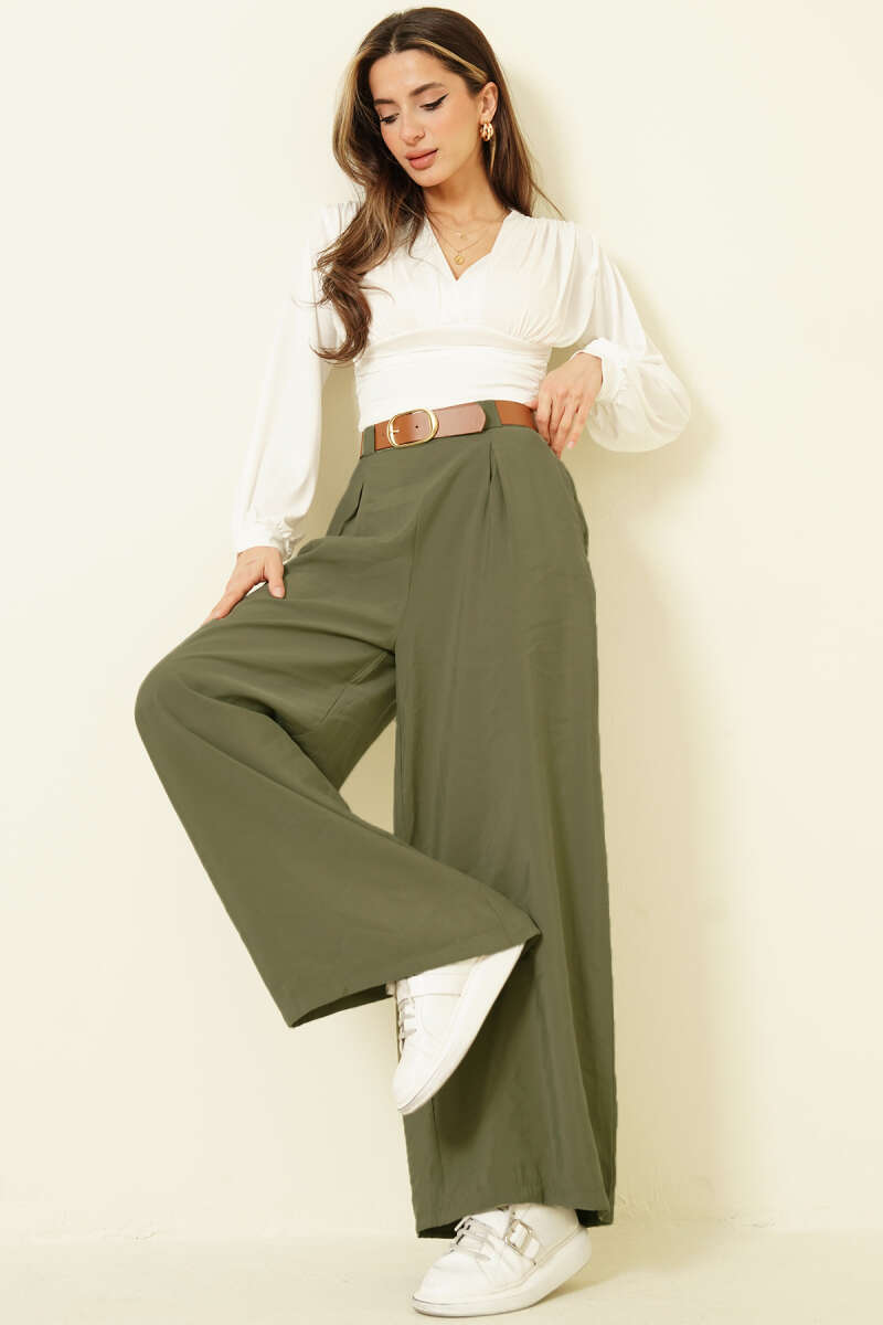 Loose Tencel Pants with Half-Elastic Waist - Khaki