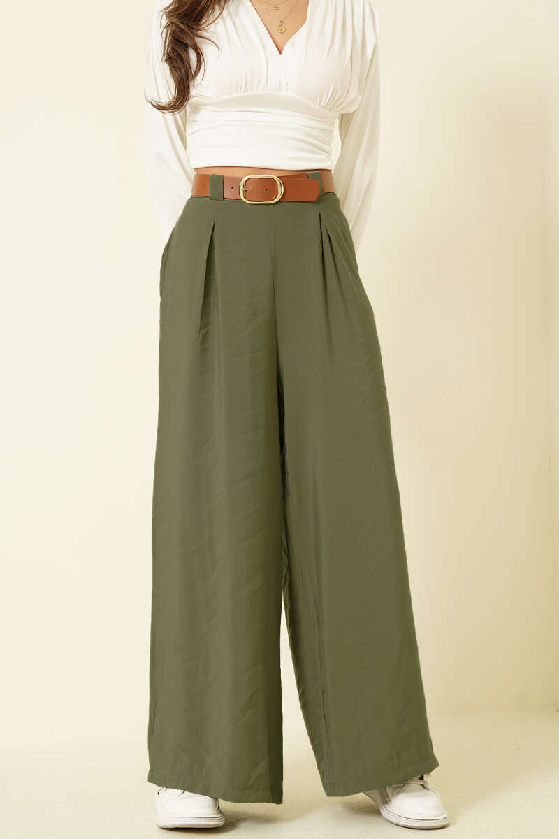 Loose Tencel Pants with Half-Elastic Waist - Khaki