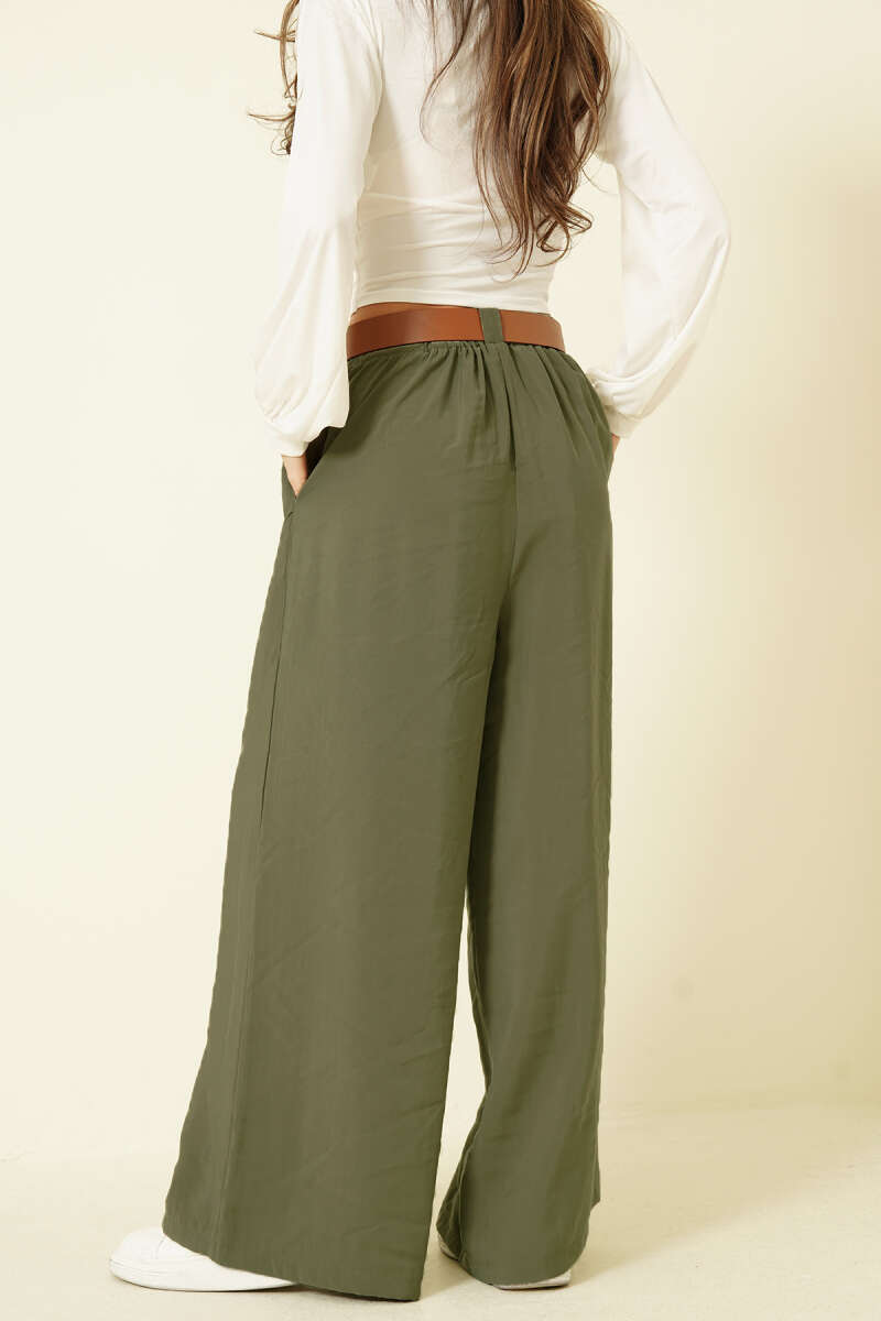 Loose Tencel Pants with Half-Elastic Waist - Khaki