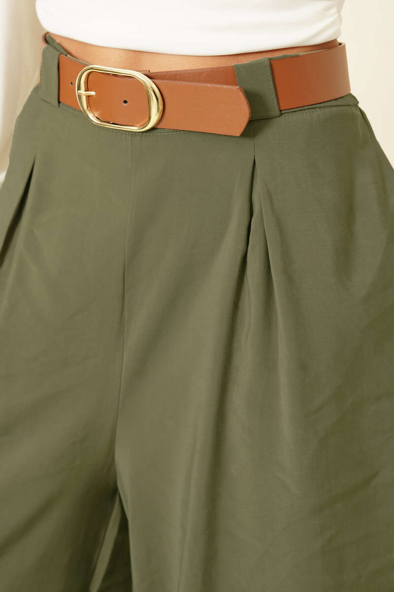 Loose Tencel Pants with Half-Elastic Waist - Khaki