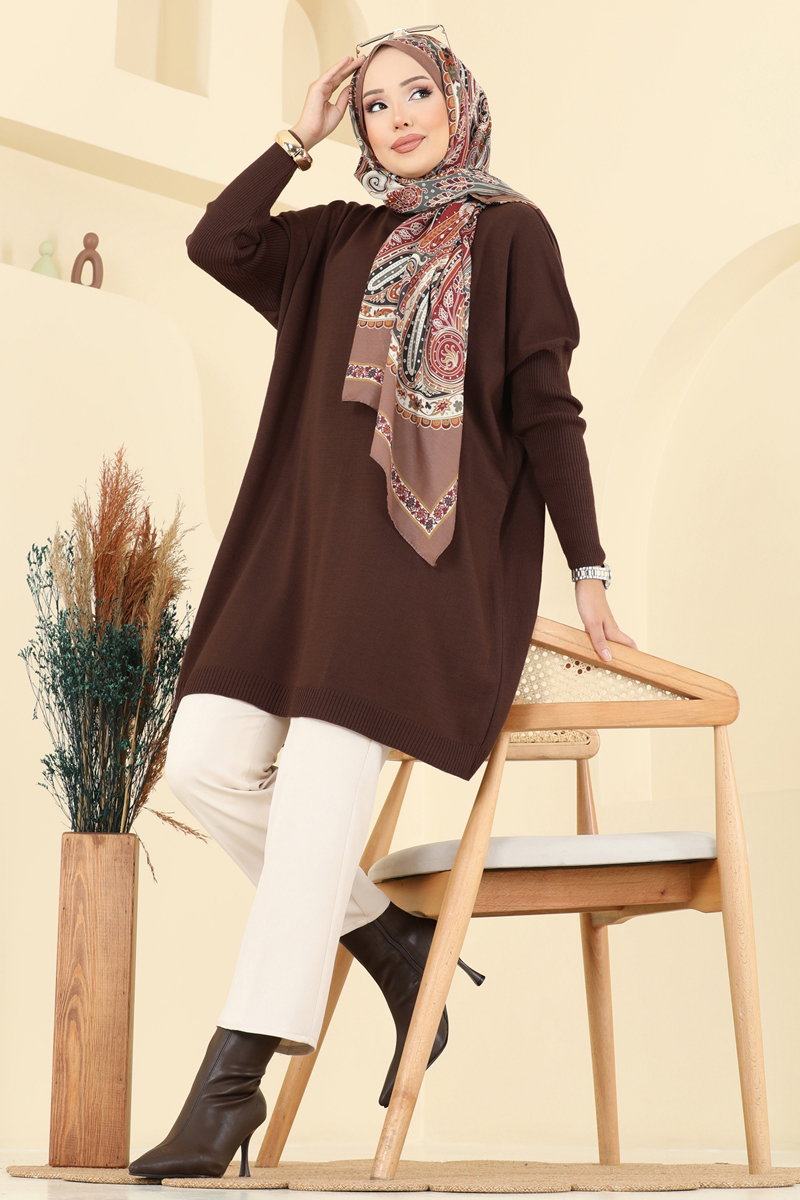 Mock-Neck Knit Tunic - Brown