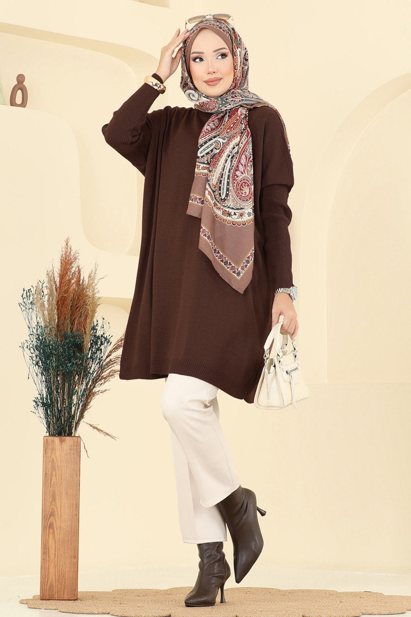 Mock-Neck Knit Tunic - Brown