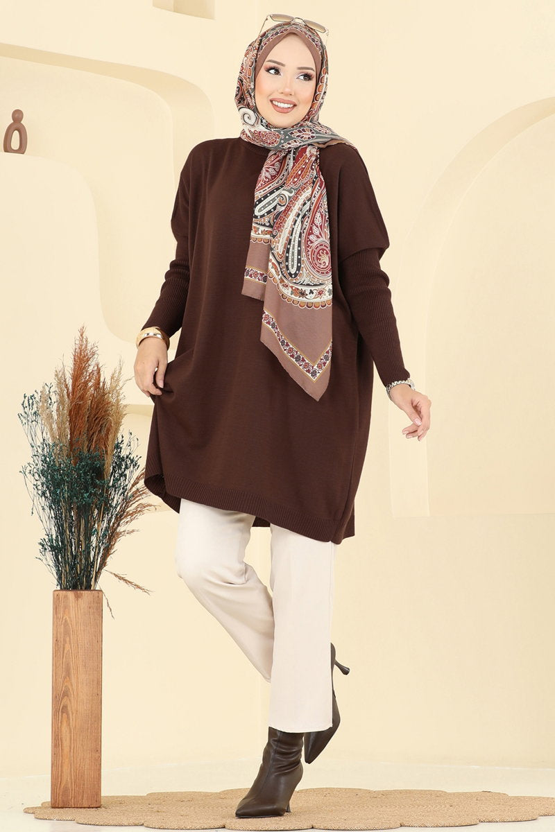 Mock-Neck Knit Tunic - Brown