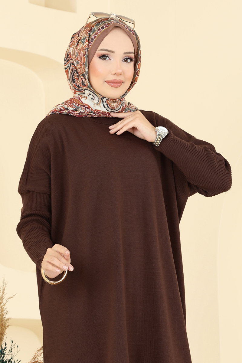 Mock-Neck Knit Tunic - Brown