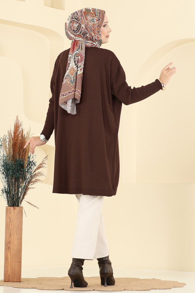 Mock-Neck Knit Tunic - Brown
