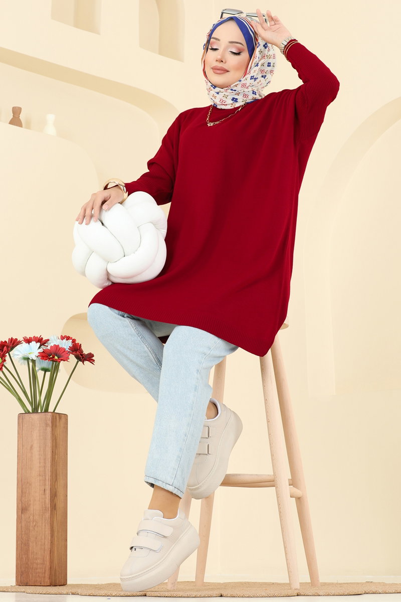 Mock-Neck Knit Tunic - Red