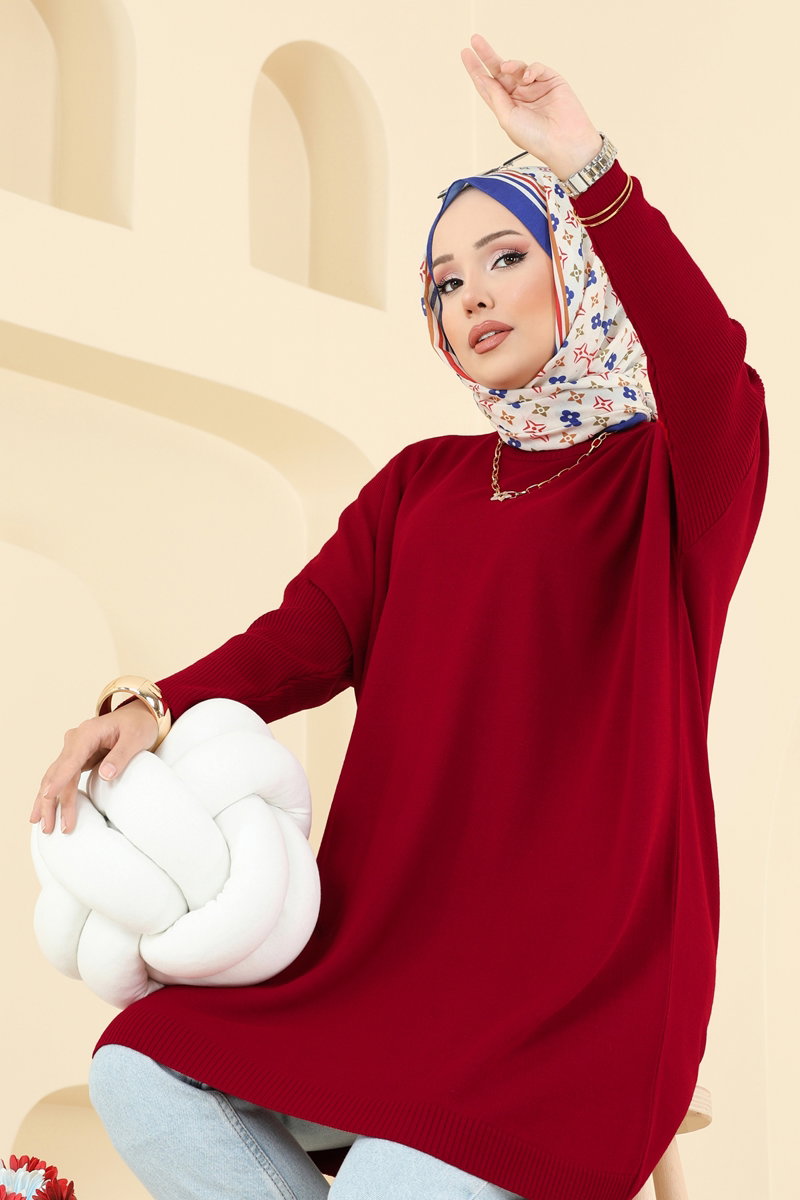 Mock-Neck Knit Tunic - Red