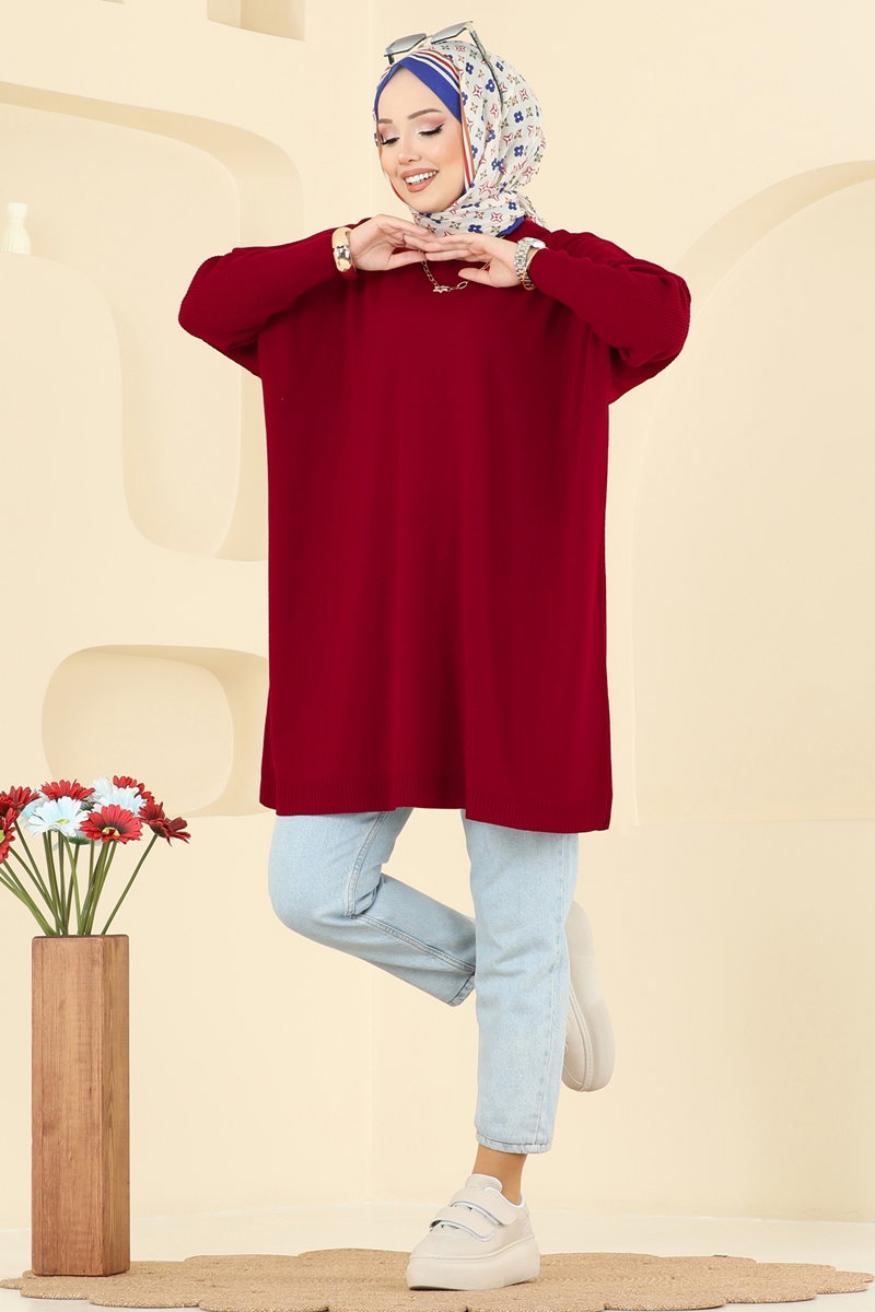 Mock-Neck Knit Tunic - Red
