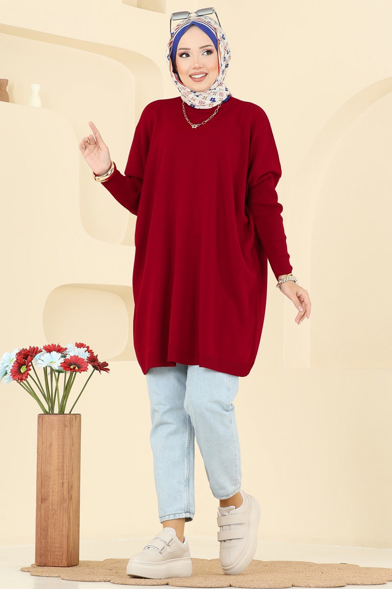 Mock-Neck Knit Tunic - Red