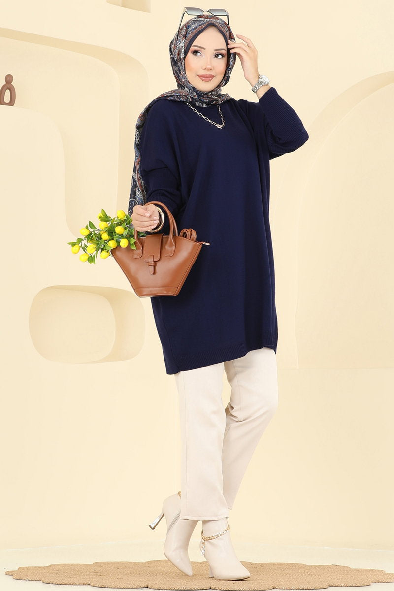 Mock-Neck Knit Tunic - Navy