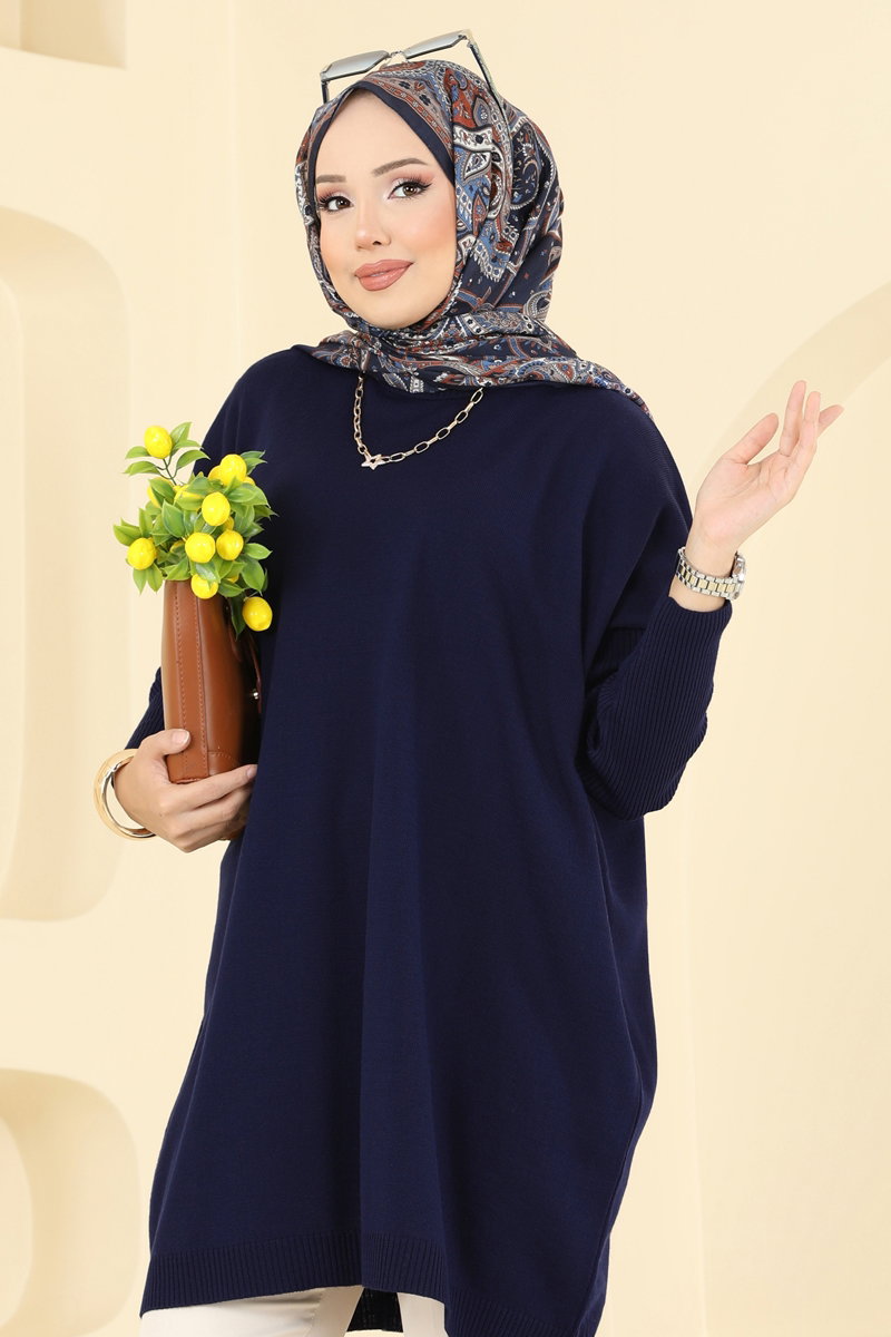 Mock-Neck Knit Tunic - Navy
