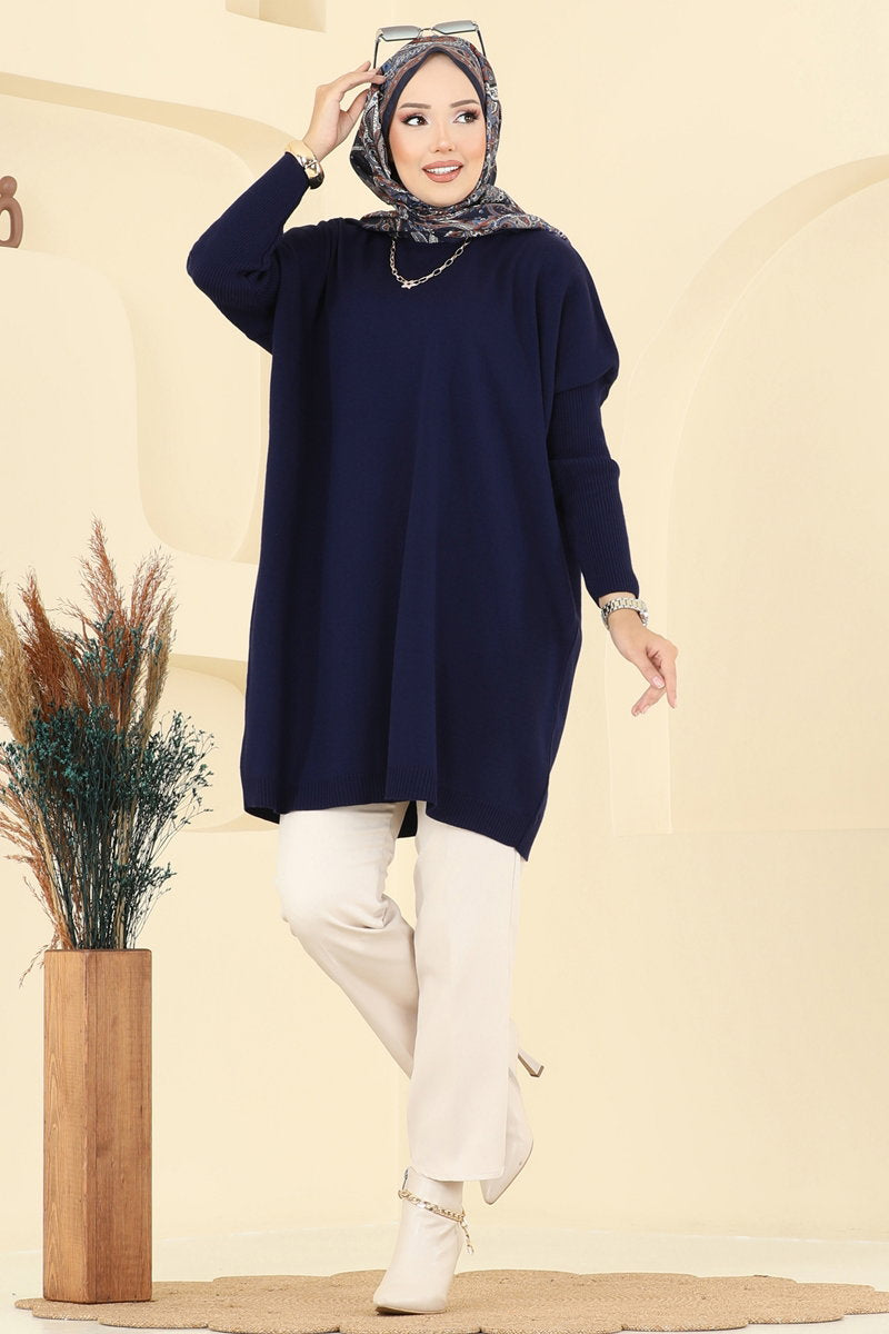 Mock-Neck Knit Tunic - Navy