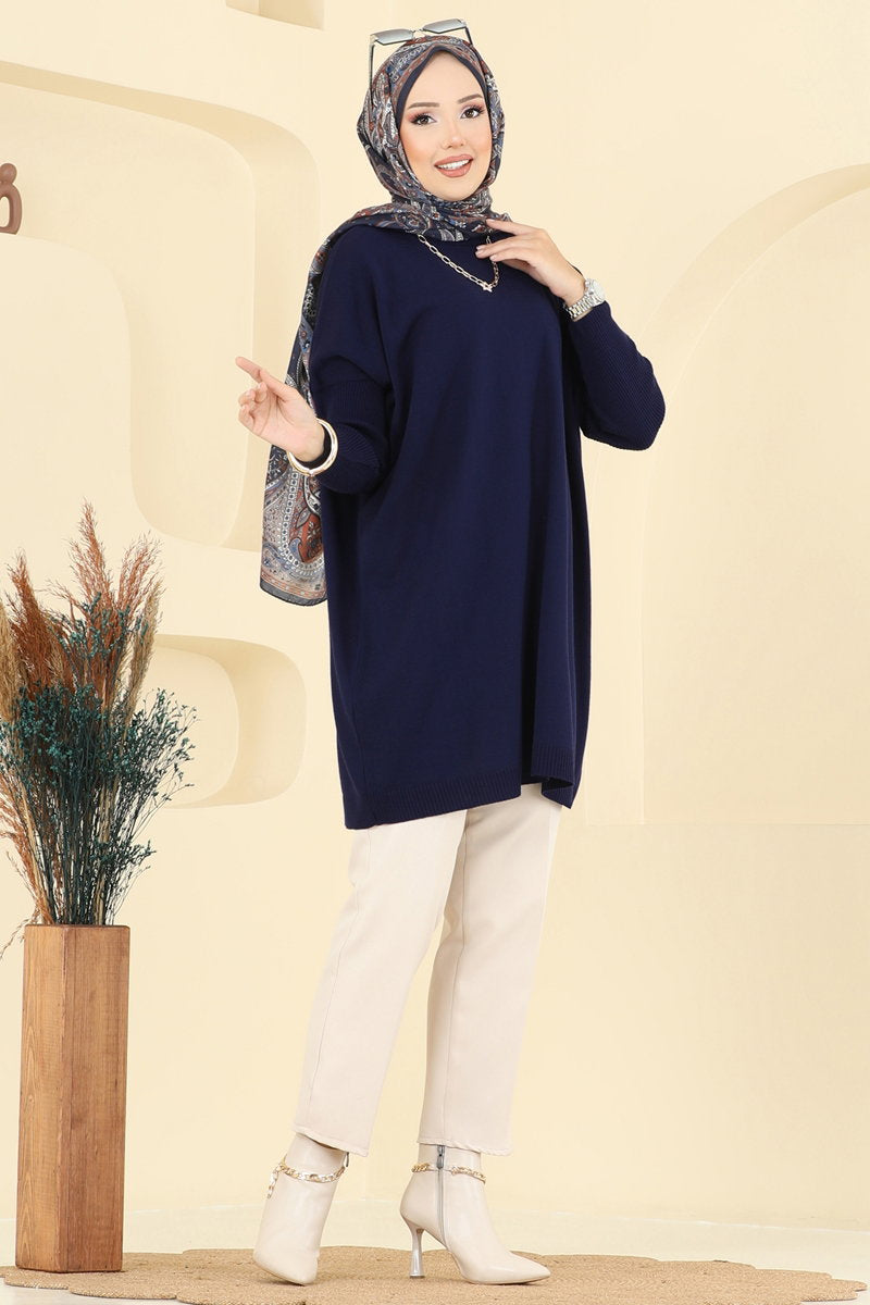 Mock-Neck Knit Tunic - Navy