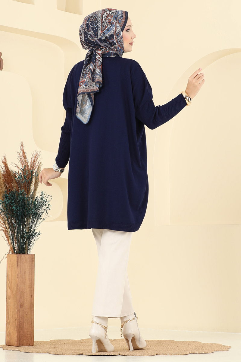 Mock-Neck Knit Tunic - Navy