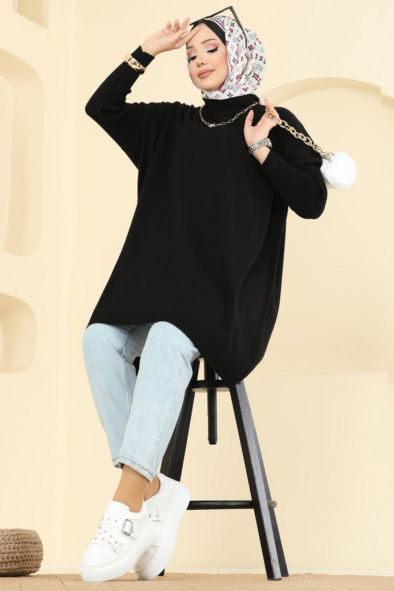 Mock-Neck Knit Tunic - Black