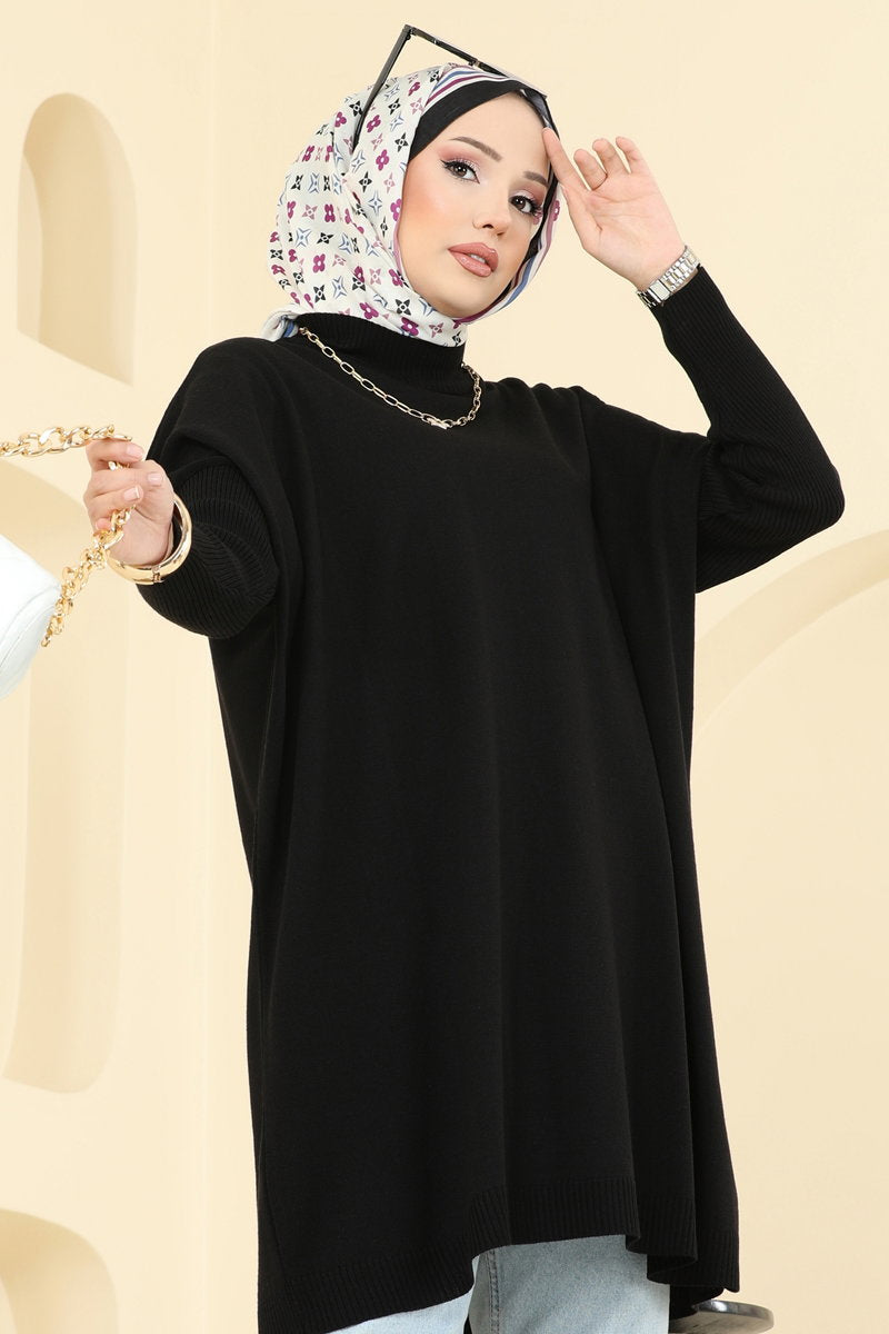 Mock-Neck Knit Tunic - Black