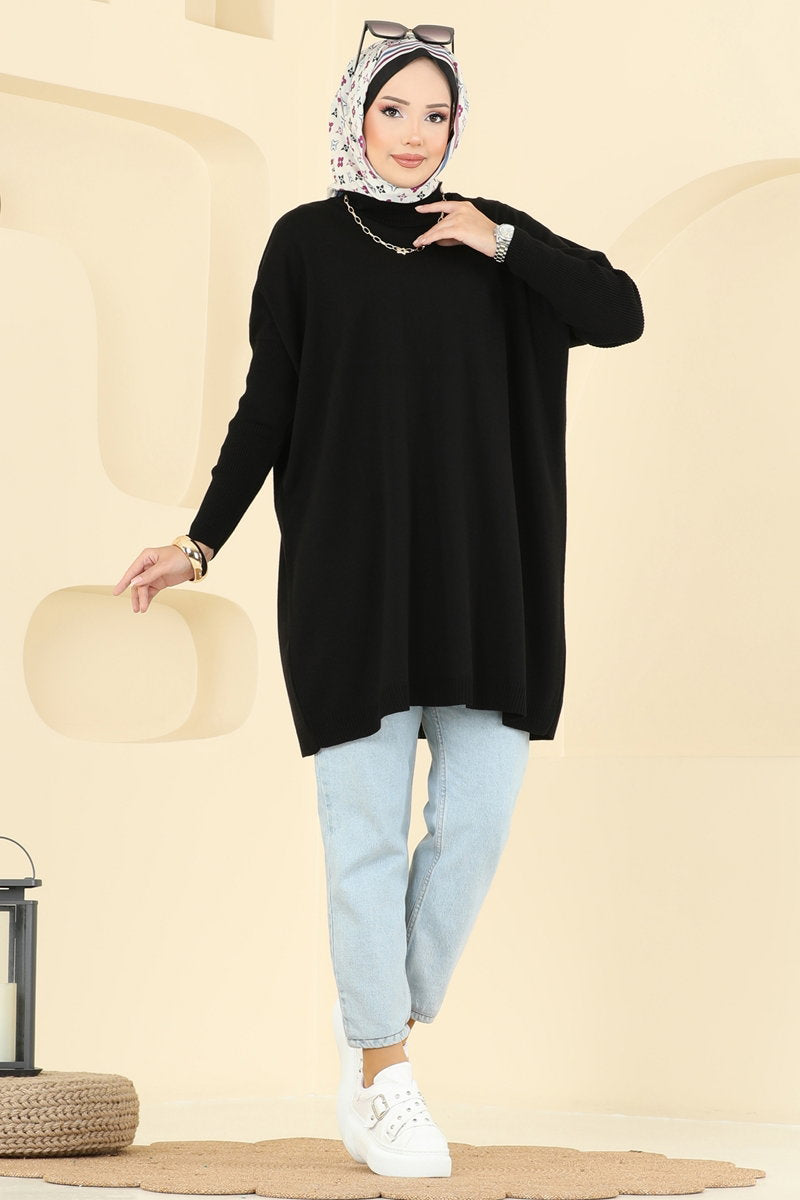 Mock-Neck Knit Tunic - Black