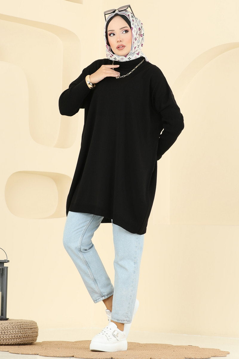 Mock-Neck Knit Tunic - Black