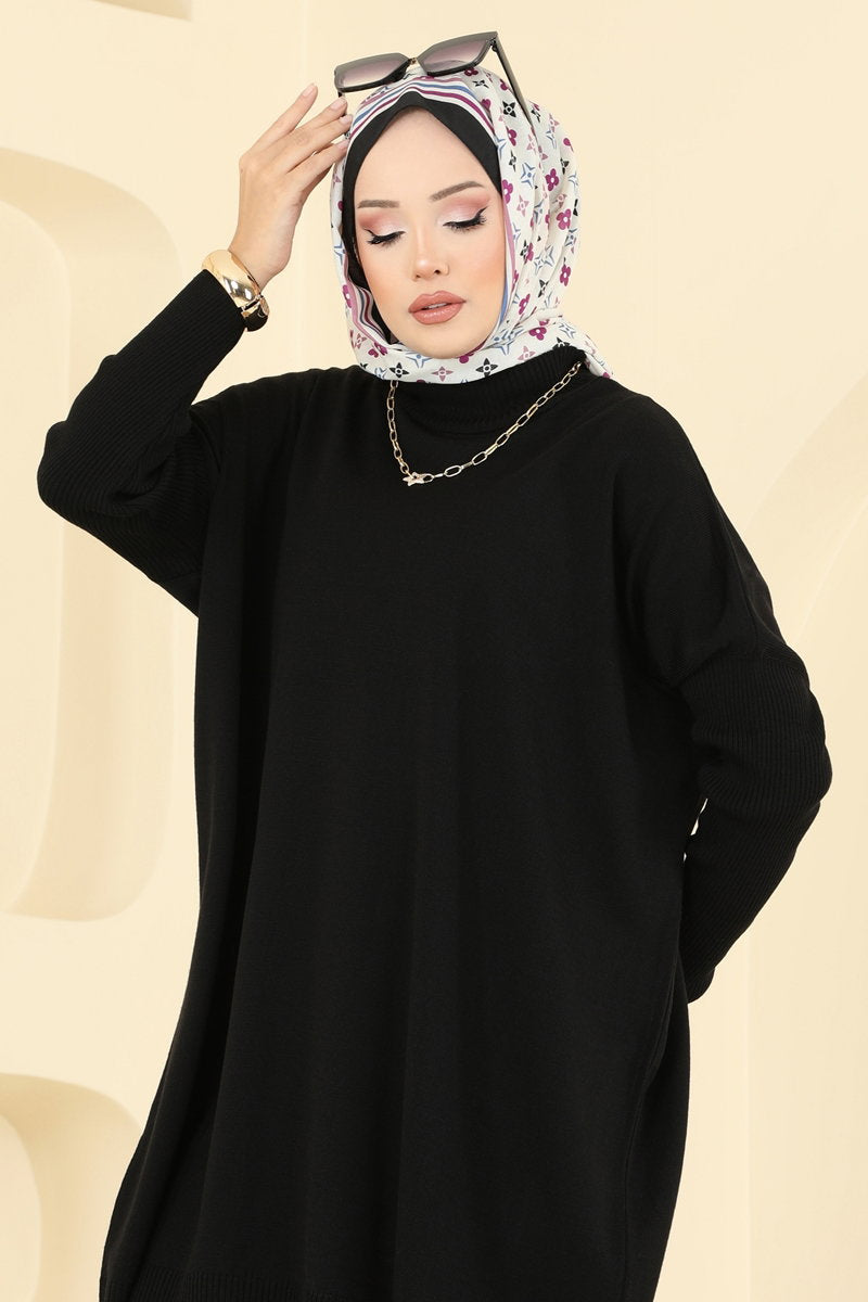 Mock-Neck Knit Tunic - Black