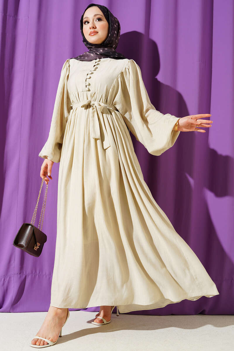 Half Rivet-Button Balloon-Sleeve Dress - Beige