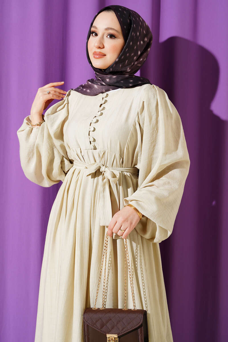 Half Rivet-Button Balloon-Sleeve Dress - Beige