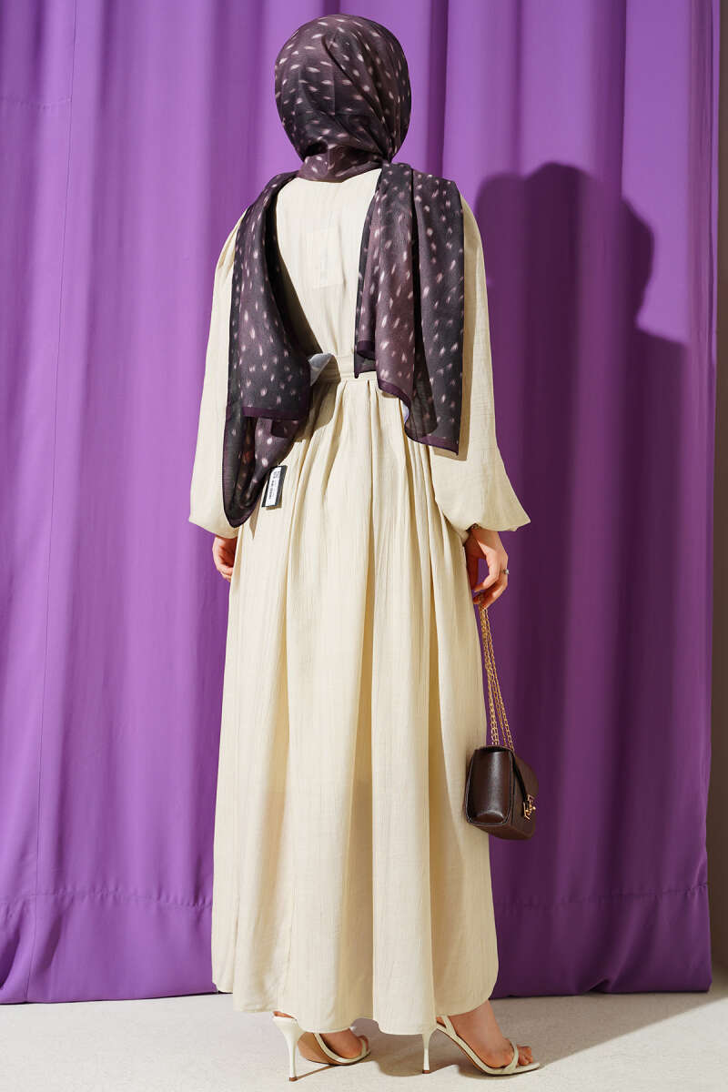 Half Rivet-Button Balloon-Sleeve Dress - Beige