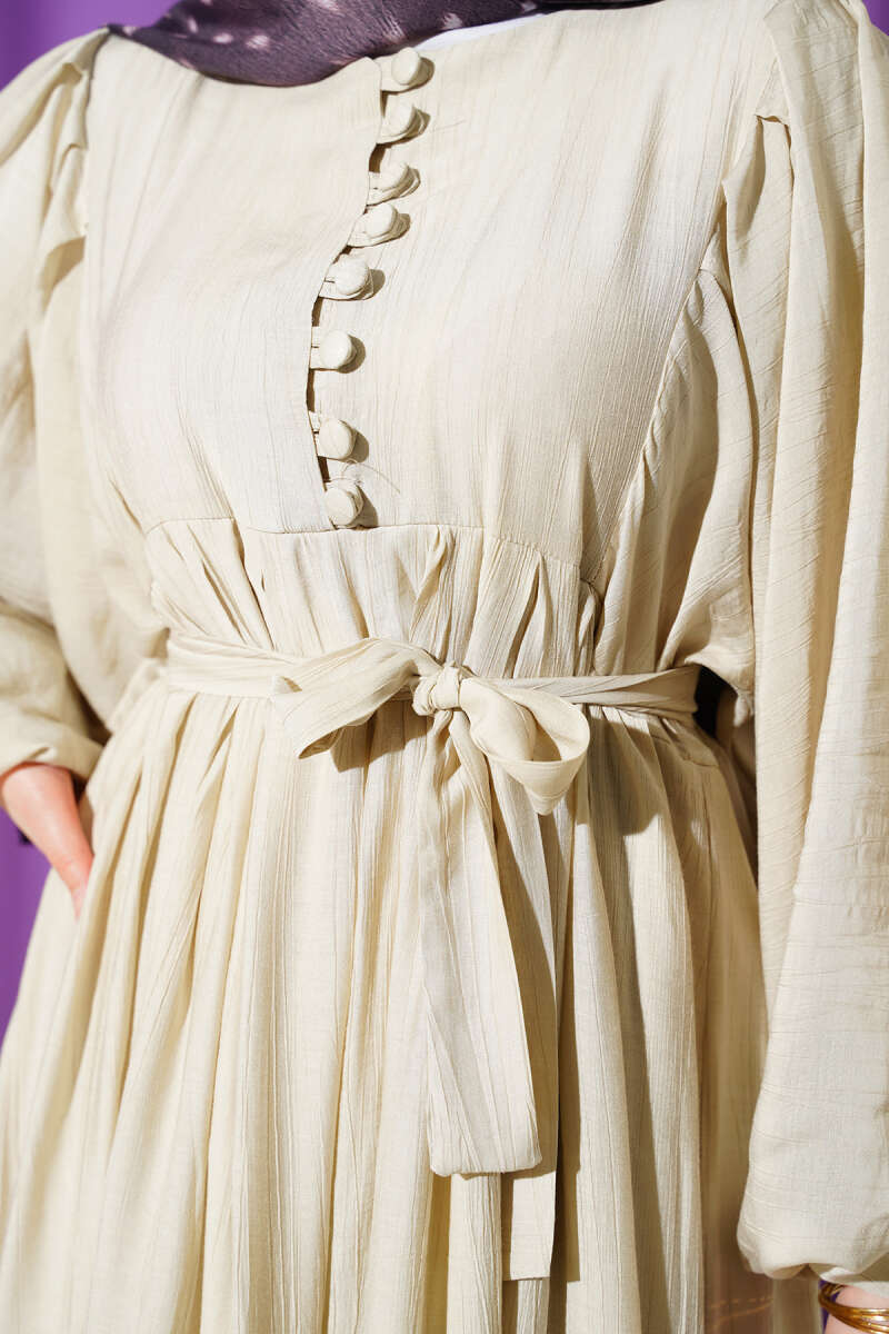 Half Rivet-Button Balloon-Sleeve Dress - Beige