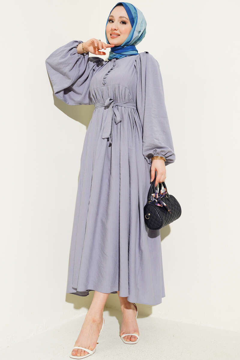 Half Rivet-Button Balloon-Sleeve Dress - Grey