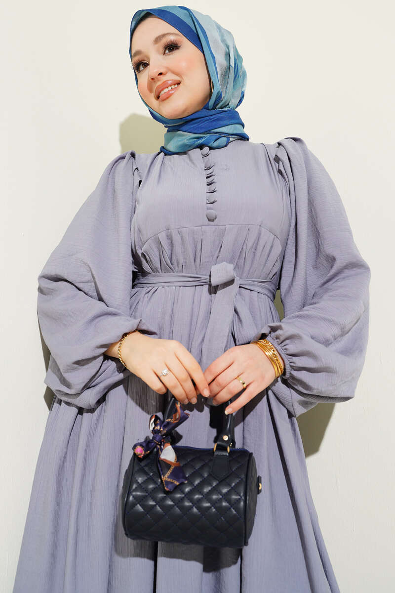 Half Rivet-Button Balloon-Sleeve Dress - Grey