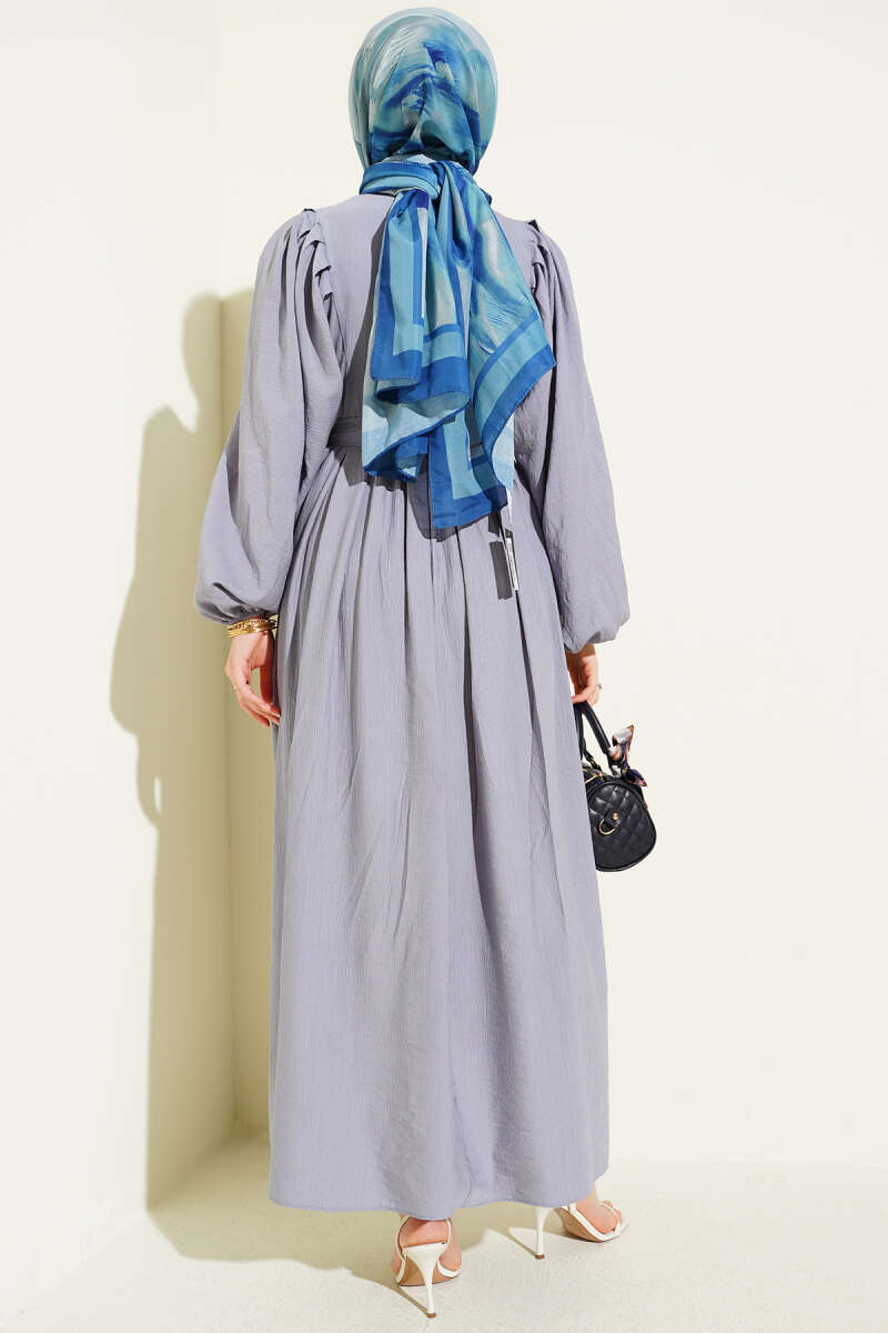 Half Rivet-Button Balloon-Sleeve Dress - Grey