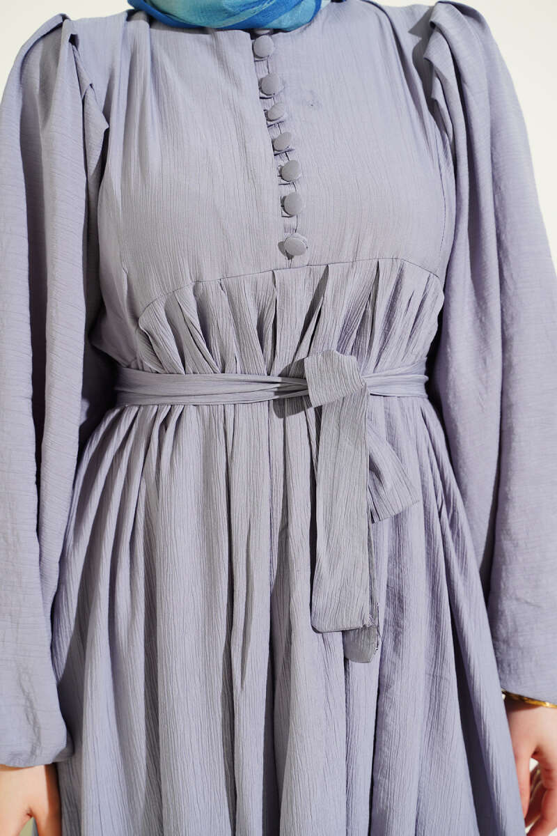 Half Rivet-Button Balloon-Sleeve Dress - Grey