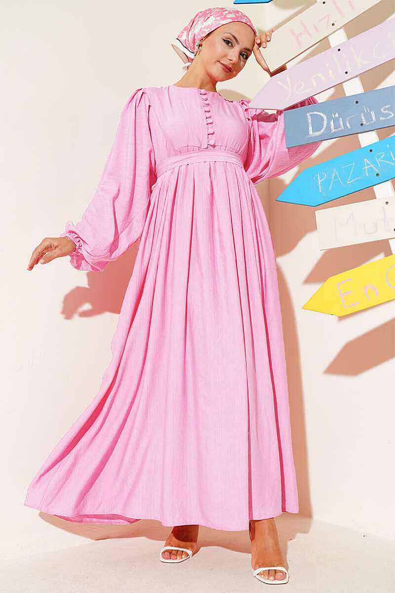Half Rivet-Button Balloon-Sleeve Dress - Pink