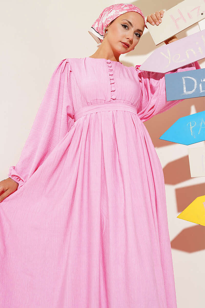 Half Rivet-Button Balloon-Sleeve Dress - Pink