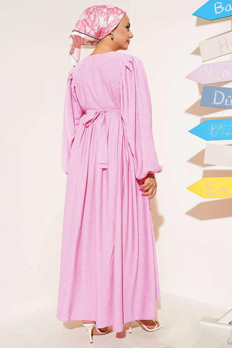 Half Rivet-Button Balloon-Sleeve Dress - Pink