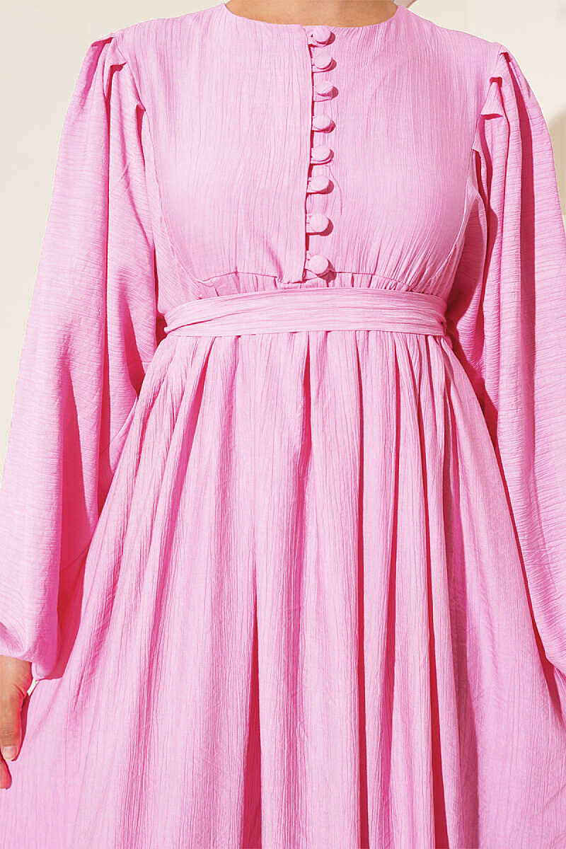 Half Rivet-Button Balloon-Sleeve Dress - Pink