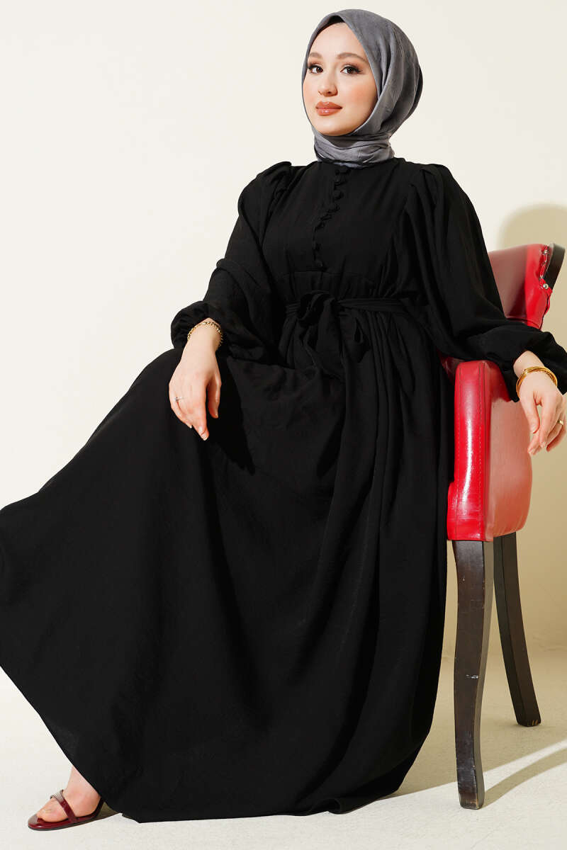 Half Rivet-Button Balloon-Sleeve Dress - Black