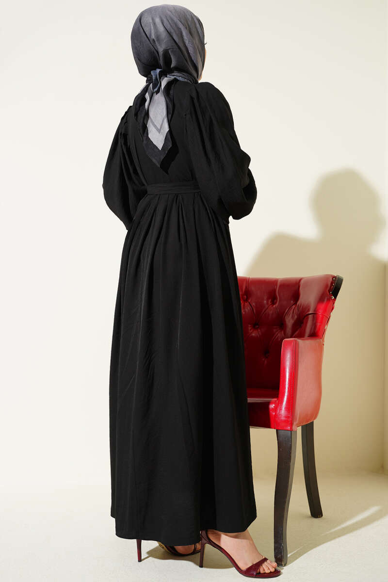 Half Rivet-Button Balloon-Sleeve Dress - Black